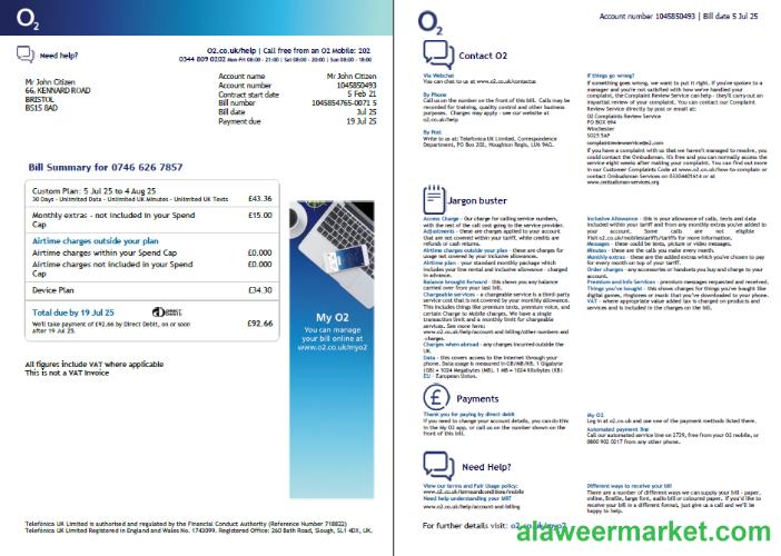 USA O2 utility bill template in Word and PDF formats, 2 pages, version 3